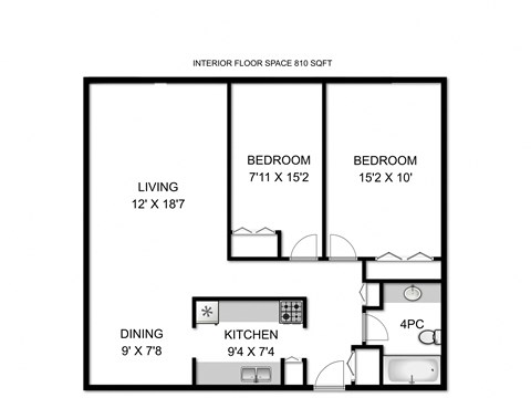 Floor plan for 2 beds, 1 bath, 810 sqft